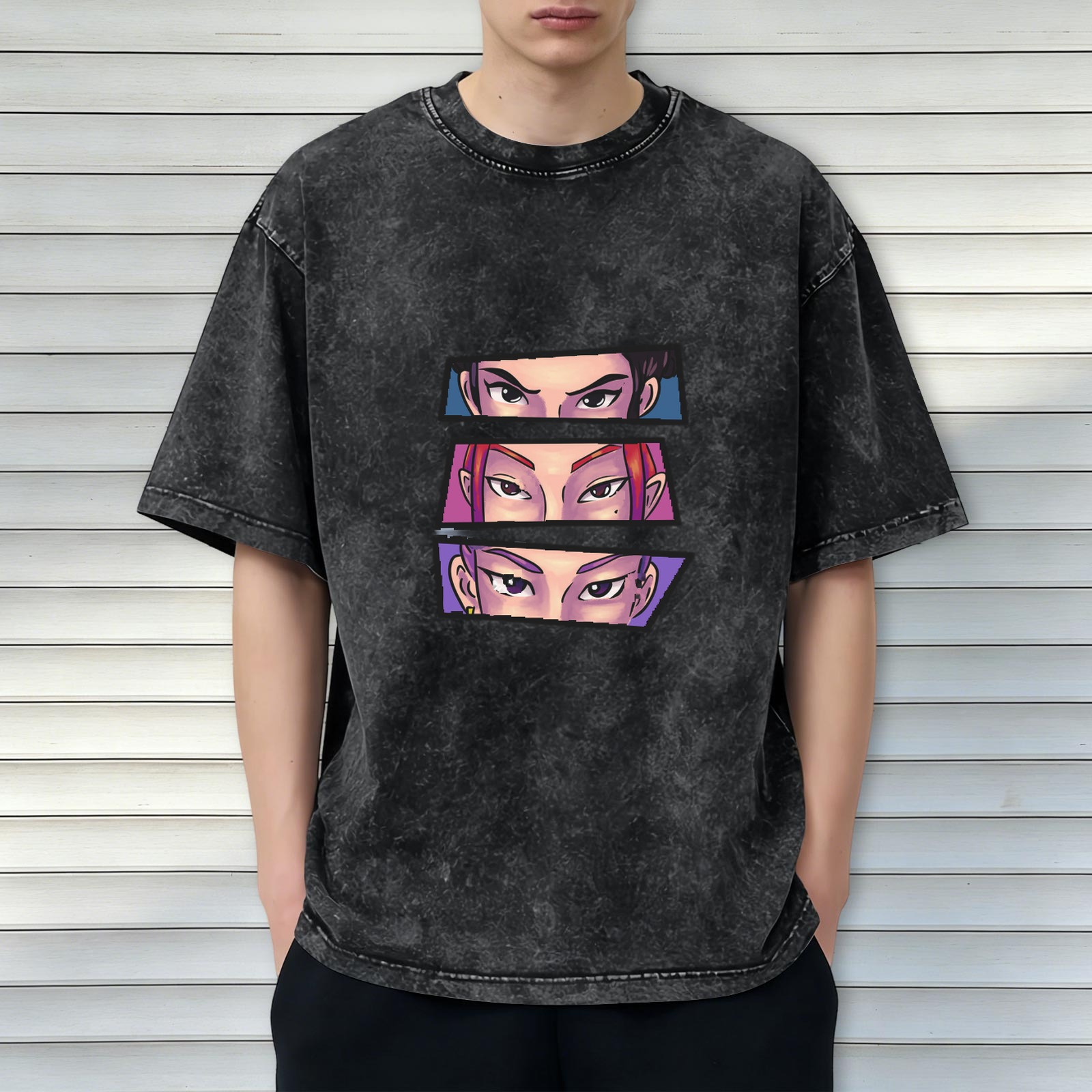 Oversized Acid Wash T-Shirt With Anime Eyes Graphic Print