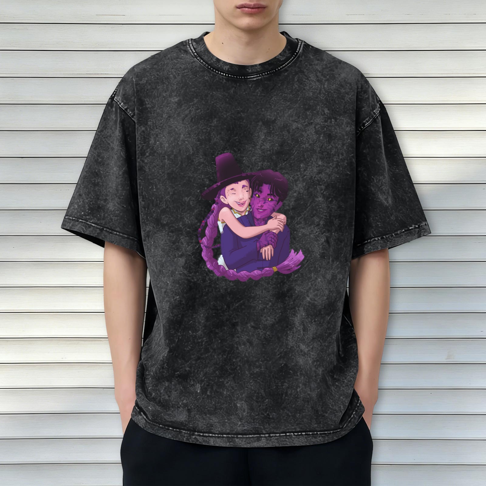 Oversized dark washed graphic tee with anime couple embrace print