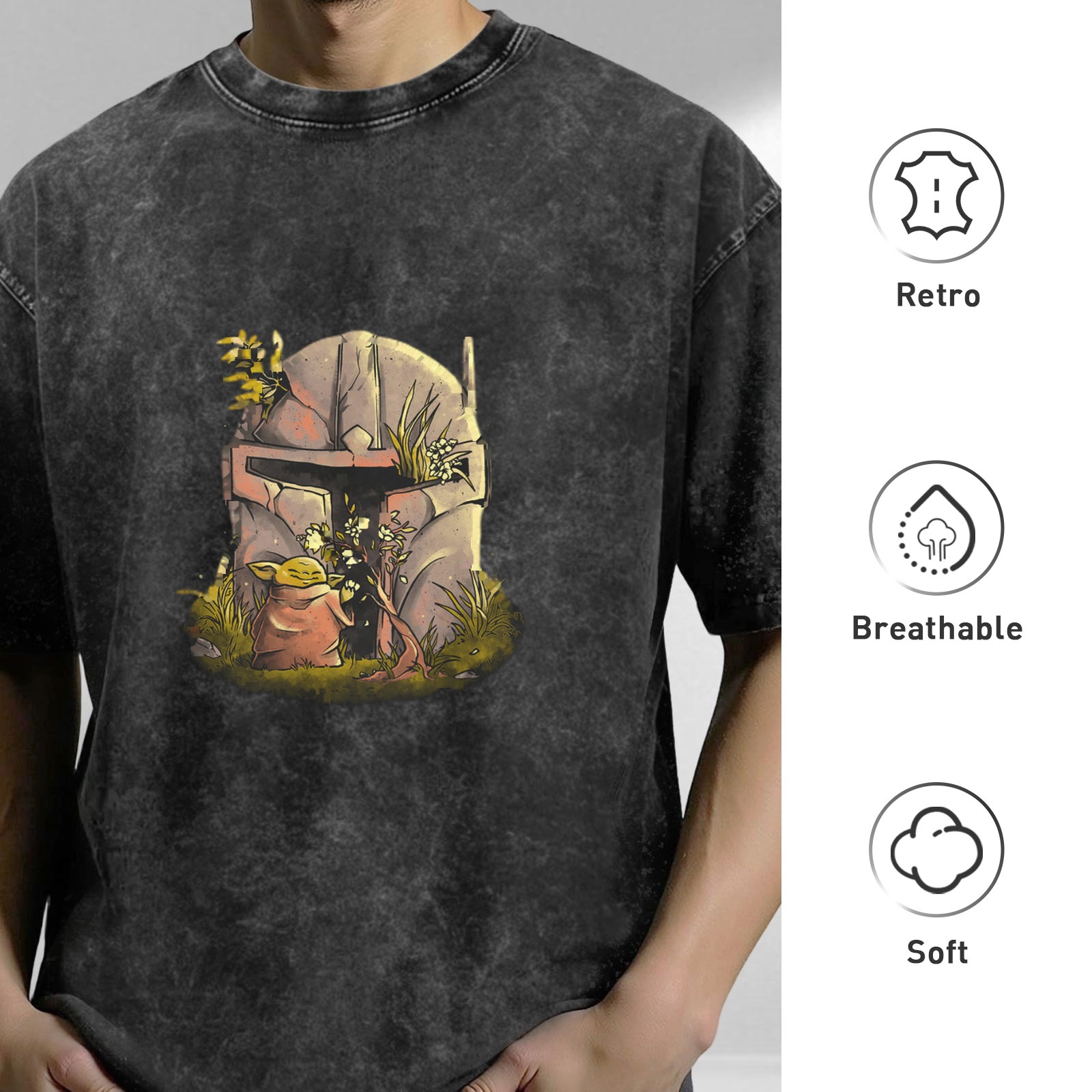 Star Wars Baby Yoda Mandalorian Helmet Graphic Acid Wash T-Shirt