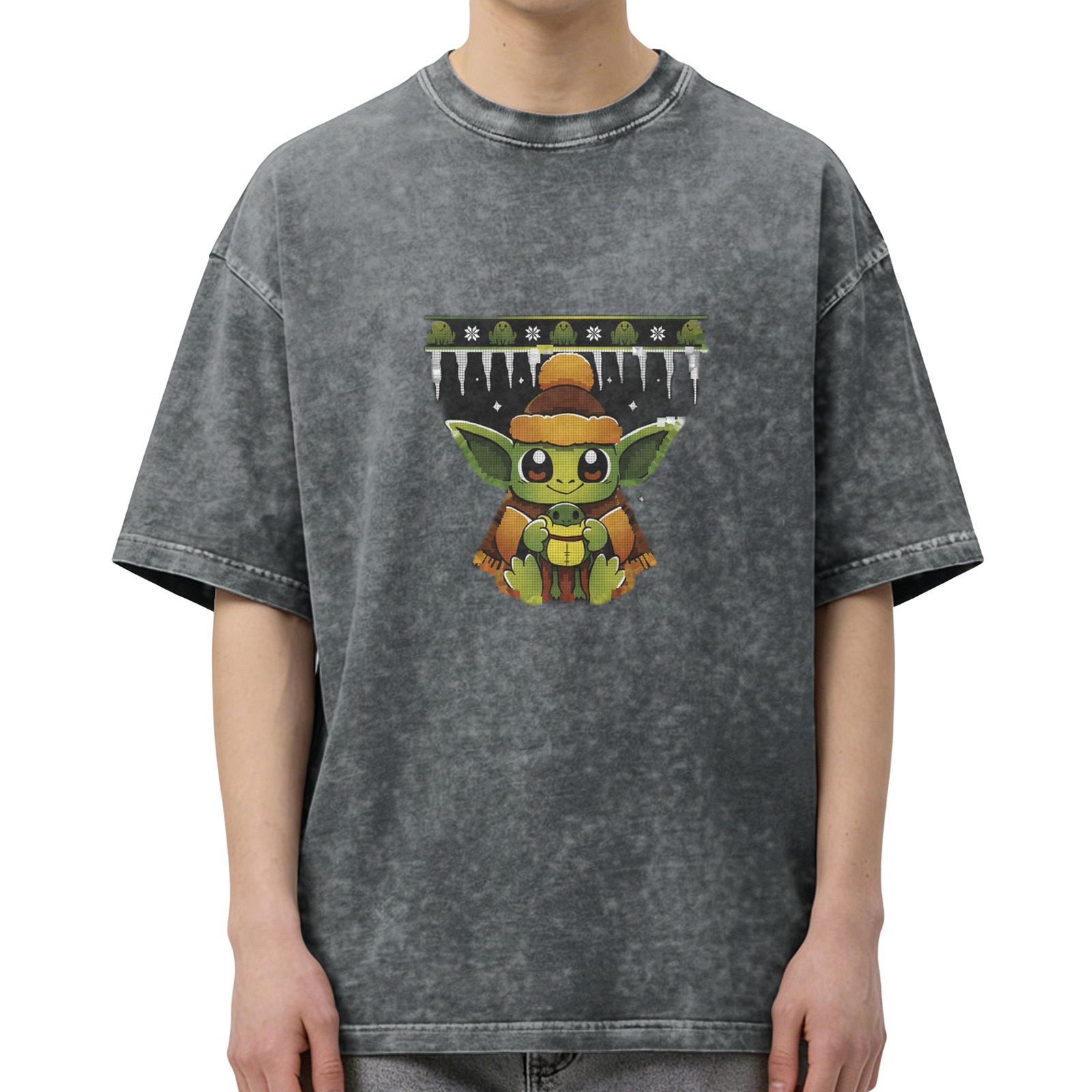 Washed black t-shirt with cute Baby Yoda holiday frog graphic