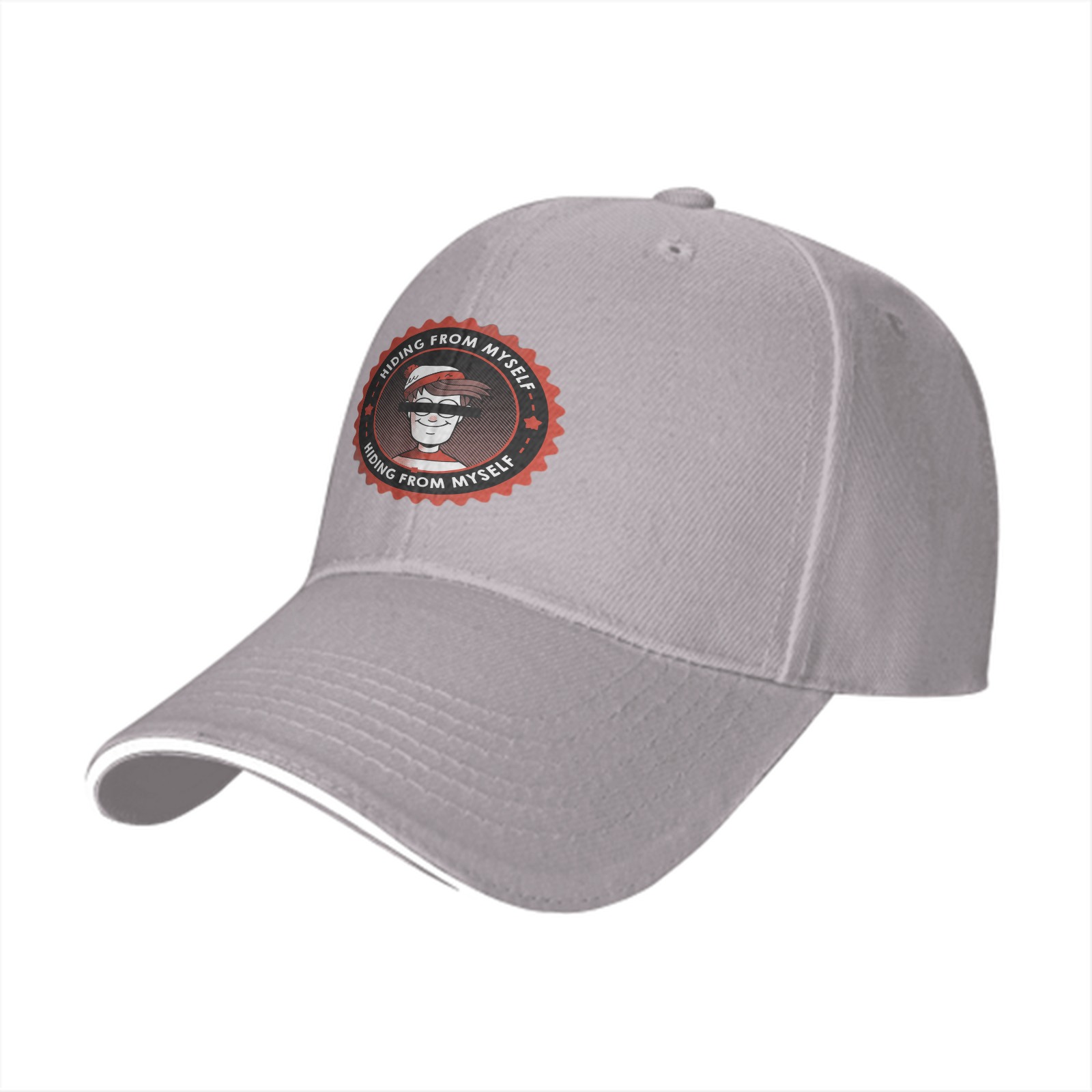 Black baseball cap with 'Hiding From Myself' Waldo-style graphic