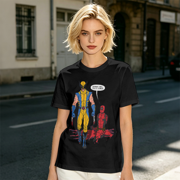 Olive T-Shirt Featuring Wolverine and Deadpool Comic Art