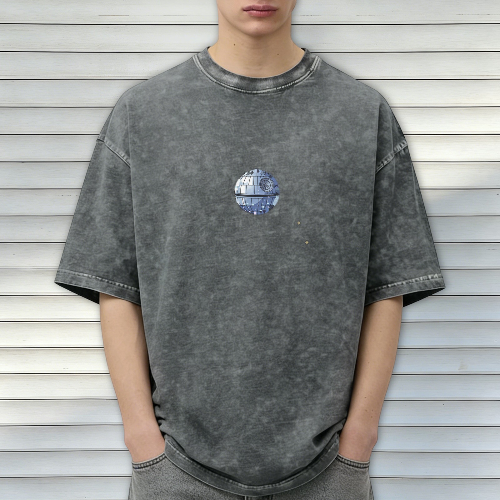 Oversized Acid Wash T-Shirt with Star Wars Death Star Graphic