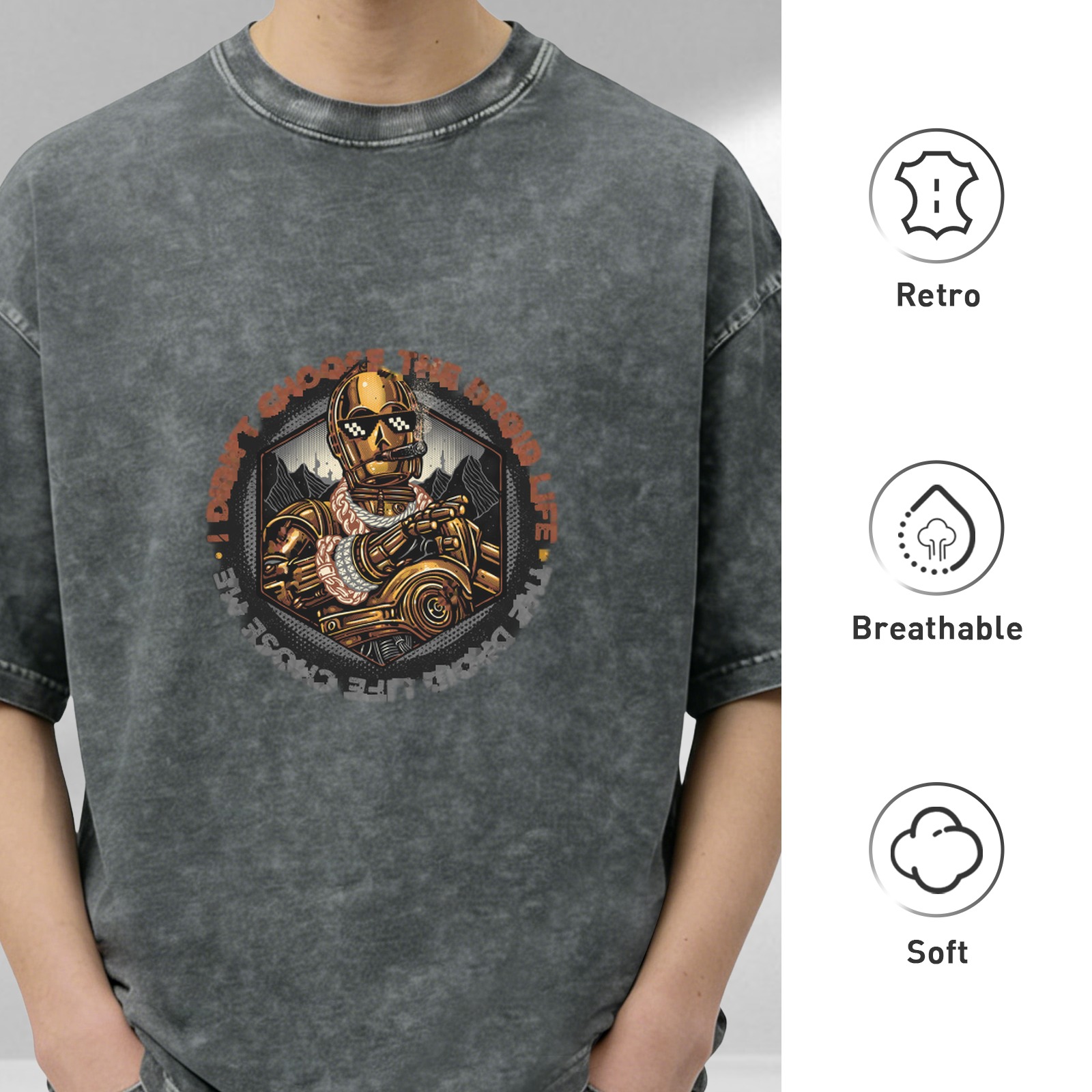 Washed black graphic t-shirt with droid hip hop design