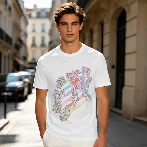 Olive Green T-Shirt With Pastel Whimsical Character Art Print