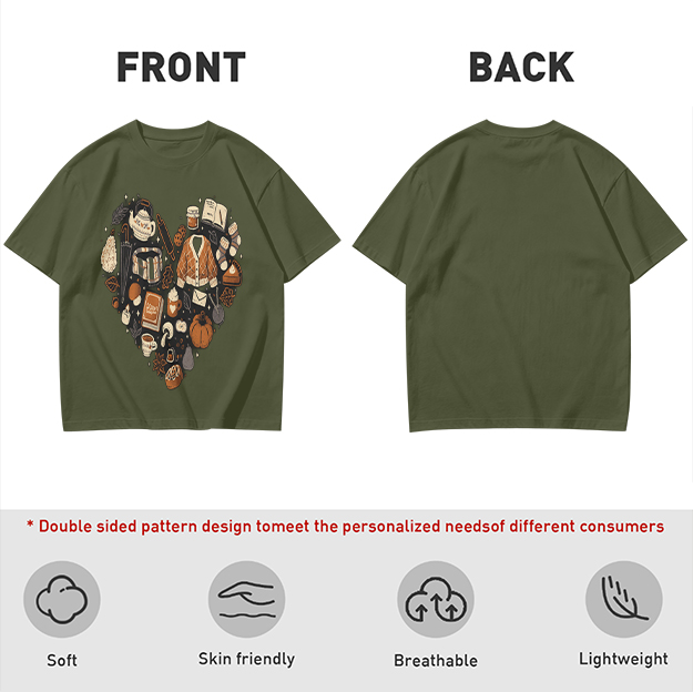 Olive Green T-Shirt With Fall Themed Heart Shaped Graphic