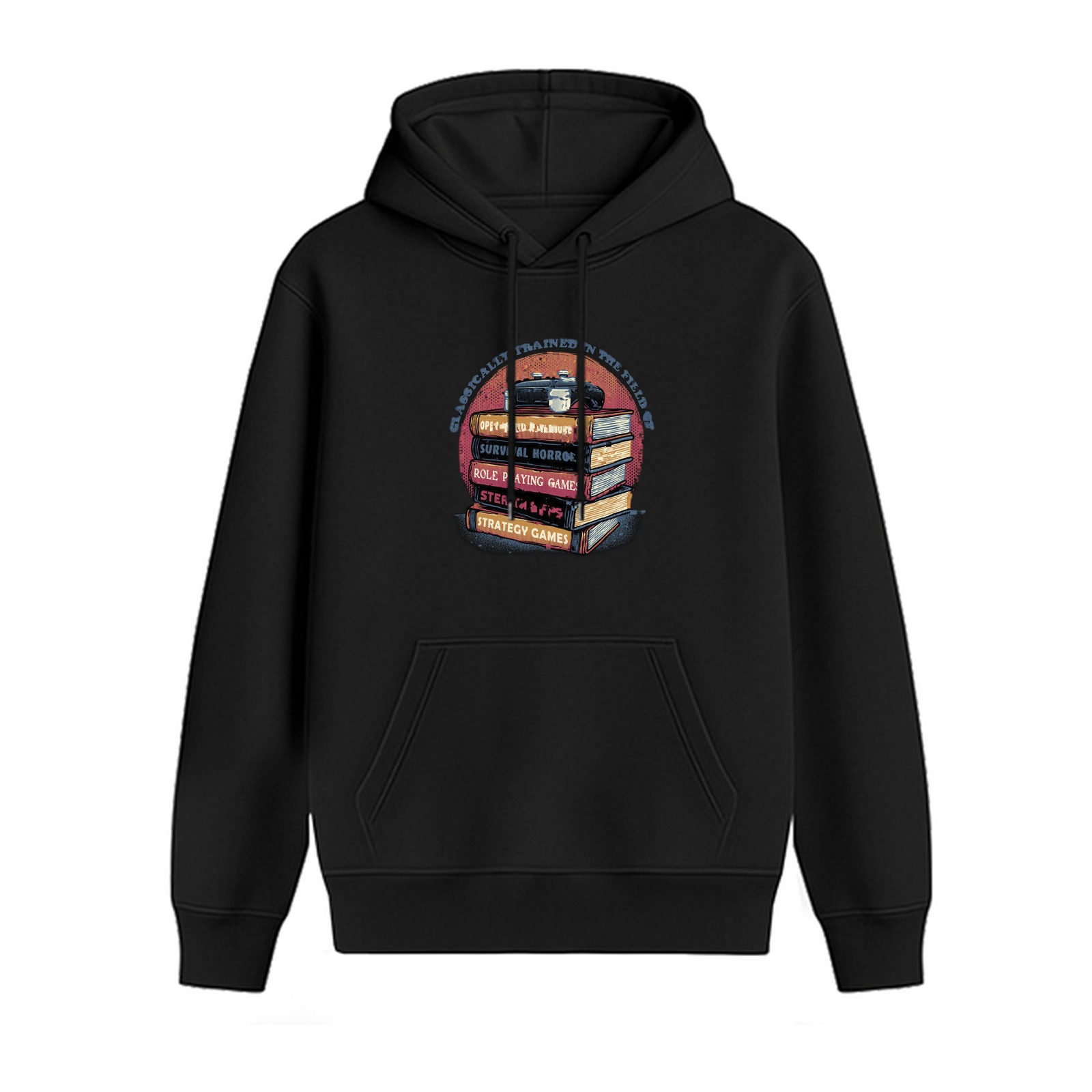 Black Hoodie With Gamer Book Stack Artwork