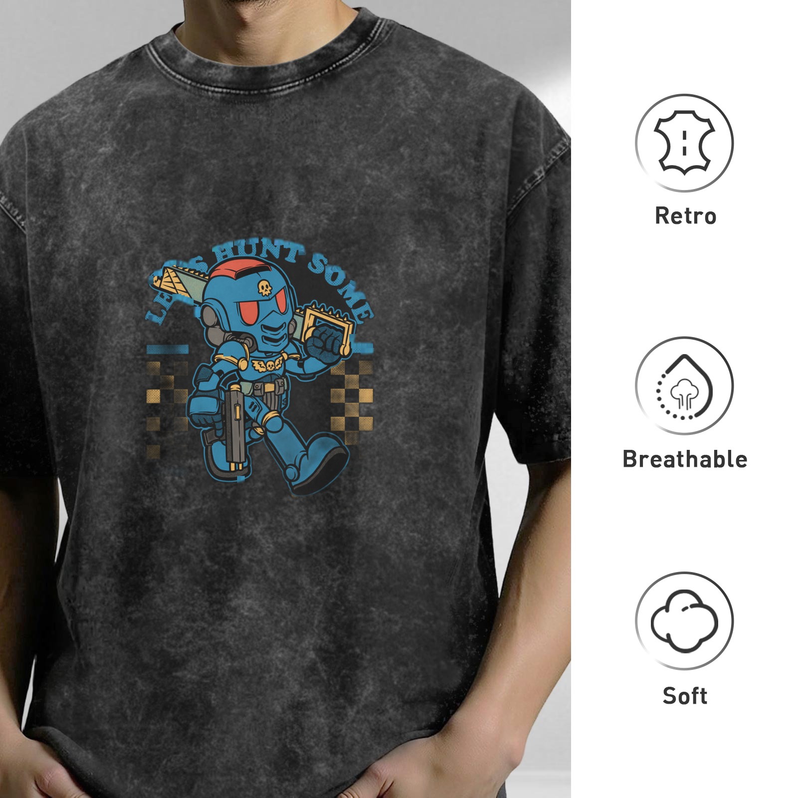 Oversized Acid Wash T-Shirt With Chibi Space Marine Graphic