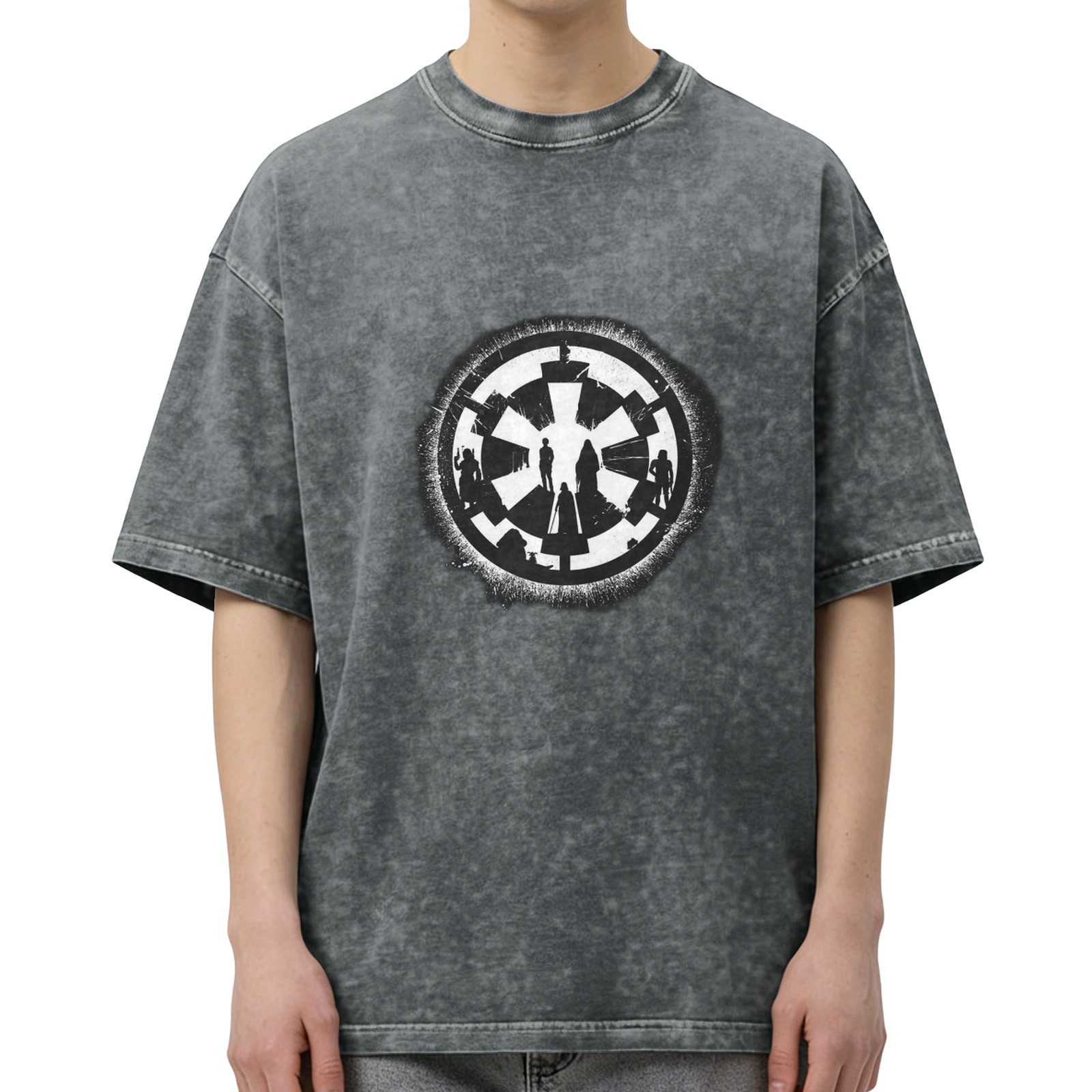 Distressed washed black round neck short-sleeved T-shirt Star Wars Galactic Empire logo themed print Loose casual top