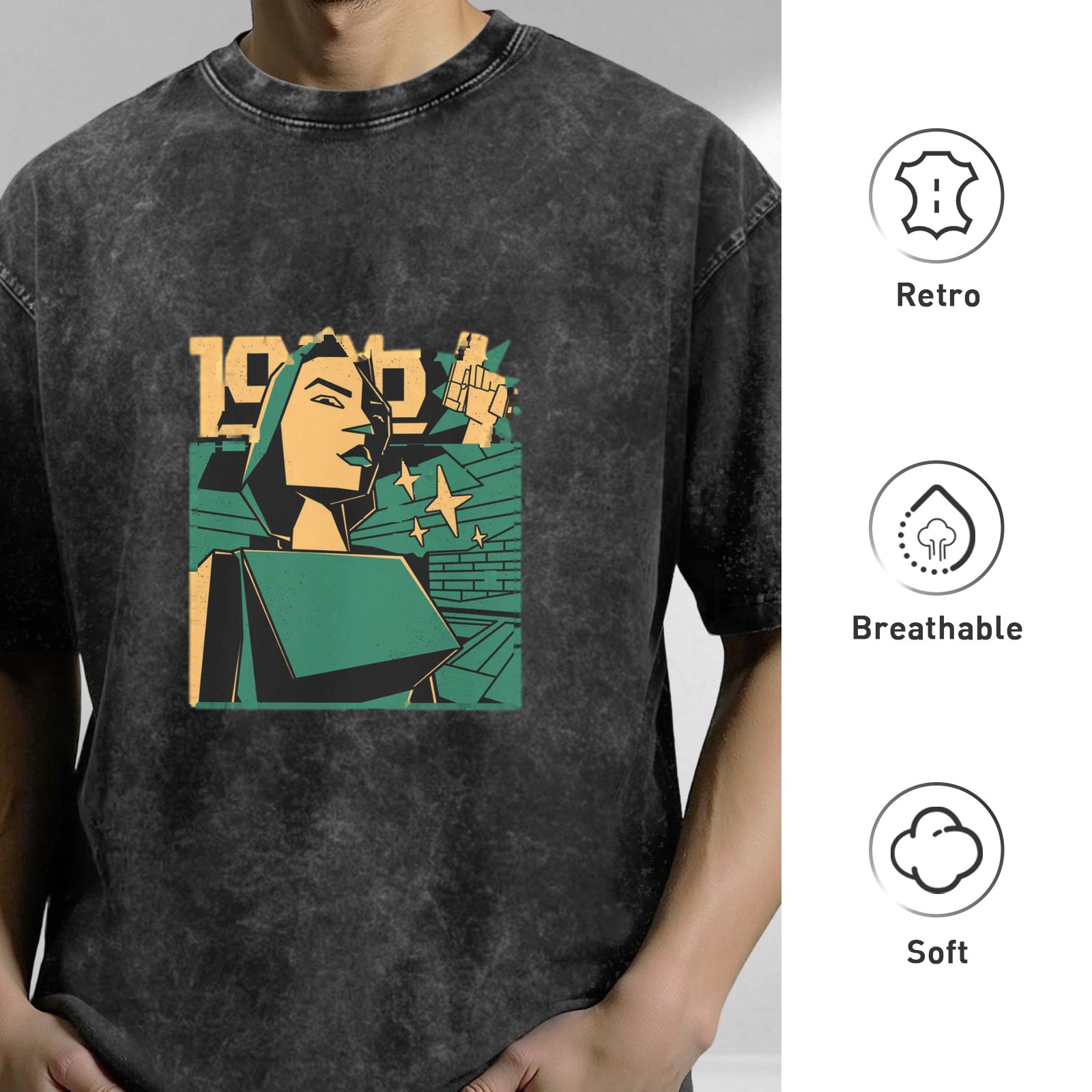 Oversized Acid Wash T-Shirt With Retro Propaganda Style Graphic Print