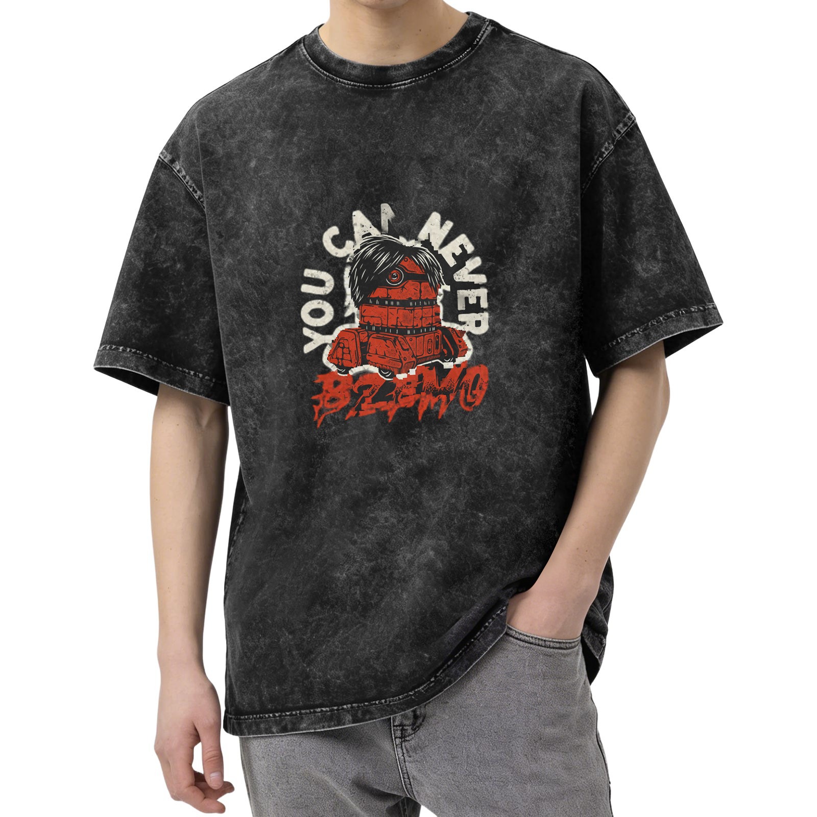 Washed black graphic t-shirt with You Can Never Bzimo text and red robot print