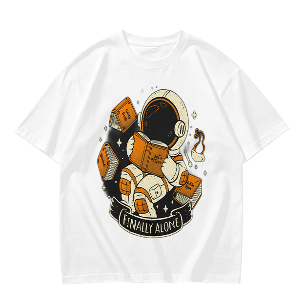 Astronaut Reading Book 'Finally Alone' Graphic T-Shirt Design