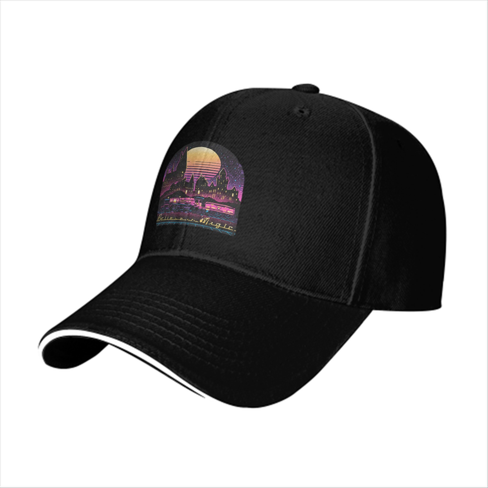 Black Baseball Cap With Neon Magic Castle Sunset Graphic
