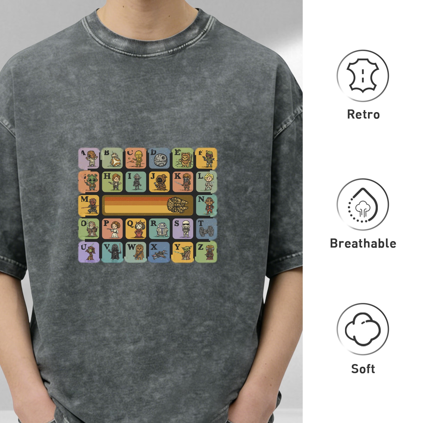Star Wars Alphabet Characters Graphic Acid Wash T-Shirt