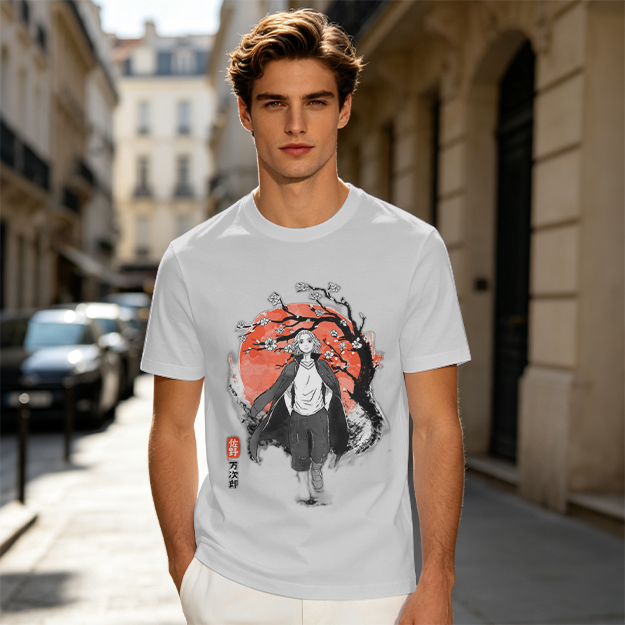 Anime Character with Cherry Blossom Red Moon Graphic T-Shirt