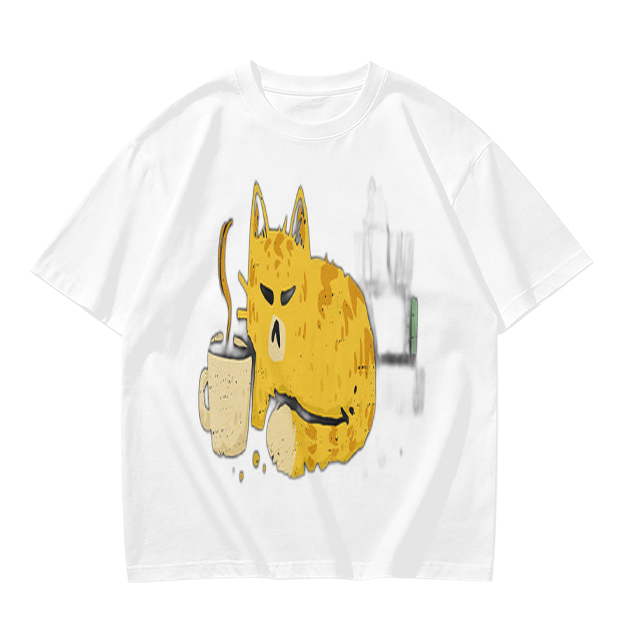 Olive T-Shirt With Grumpy Cat Holding Hot Coffee Print