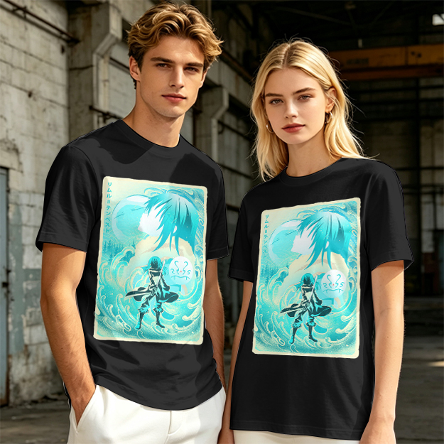 Anime character water design graphic dark green t-shirt