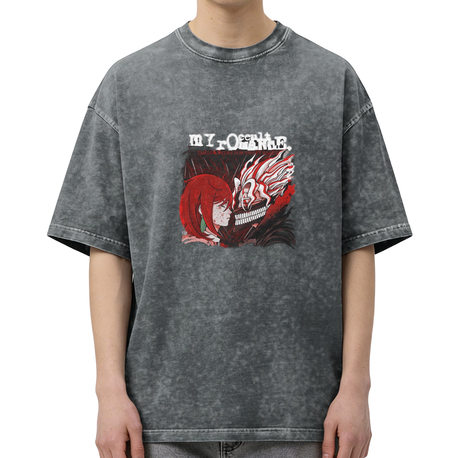 Oversized Acid Wash Anime Graphic T-Shirt with Dark Art Print