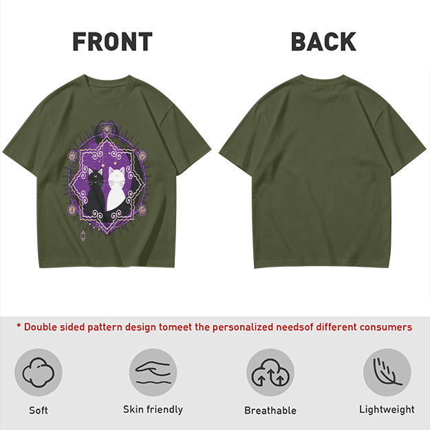 Olive T-Shirt With Celestial Black And White Cat Graphic