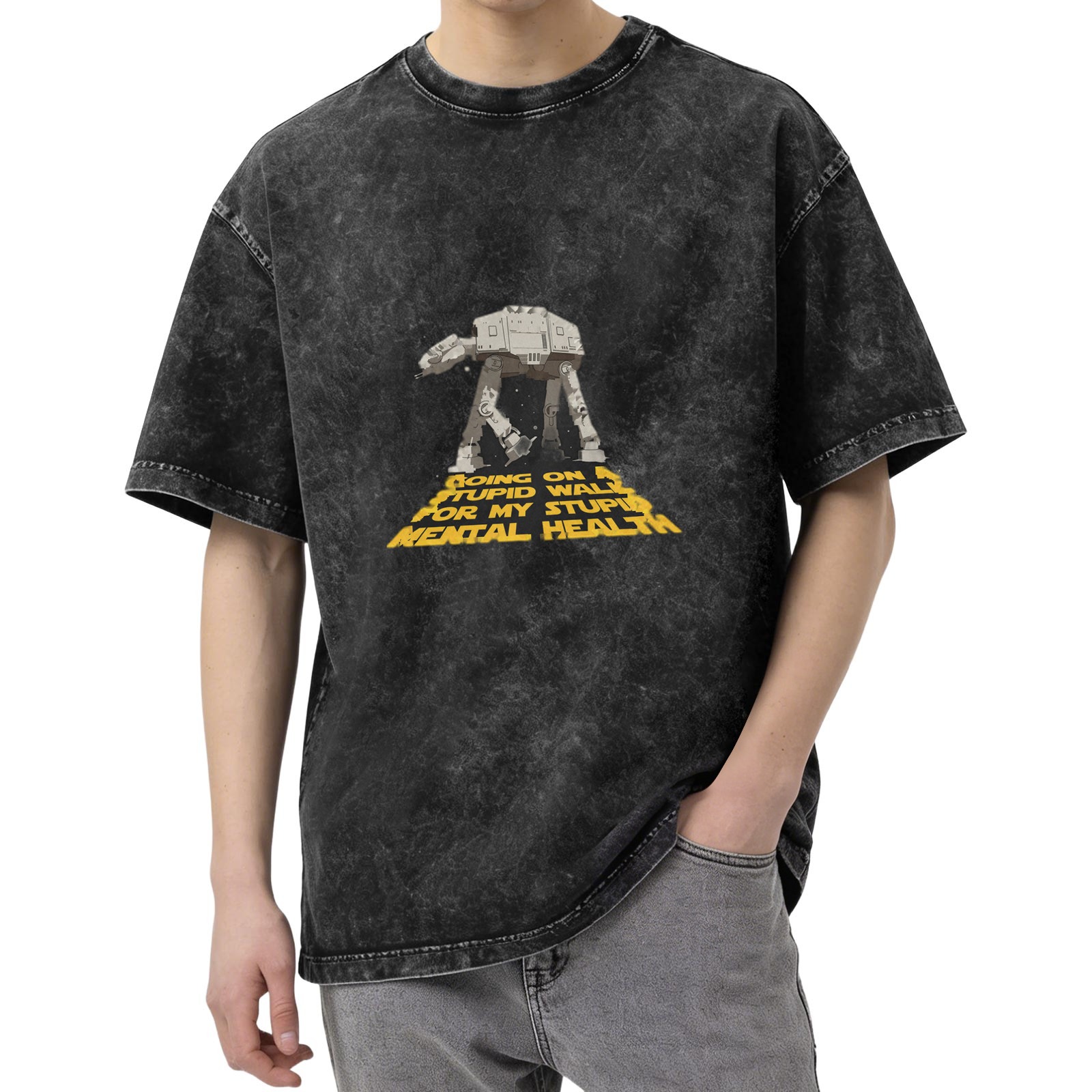 Old washed black Star Wars AT-AT walker fun text printed short-sleeved T-shirt