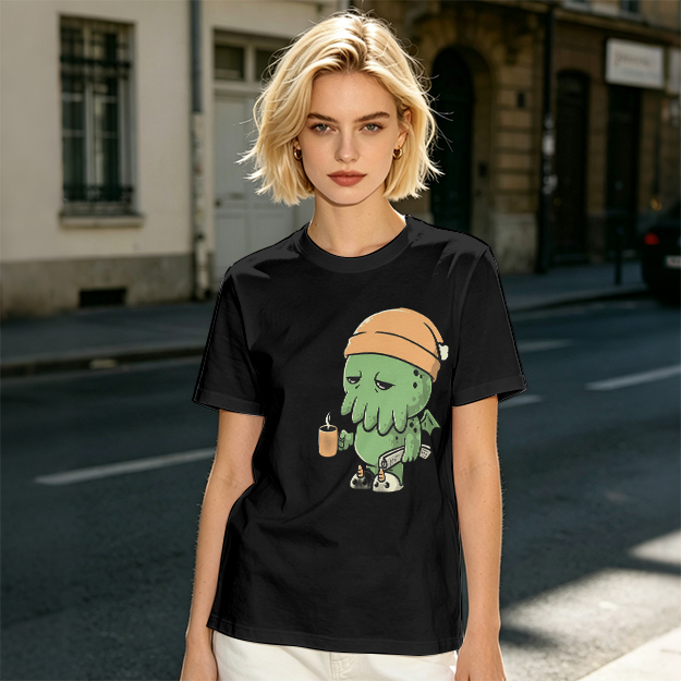 Olive T-Shirt With Sleepy Cthulhu Holding Coffee And Phone