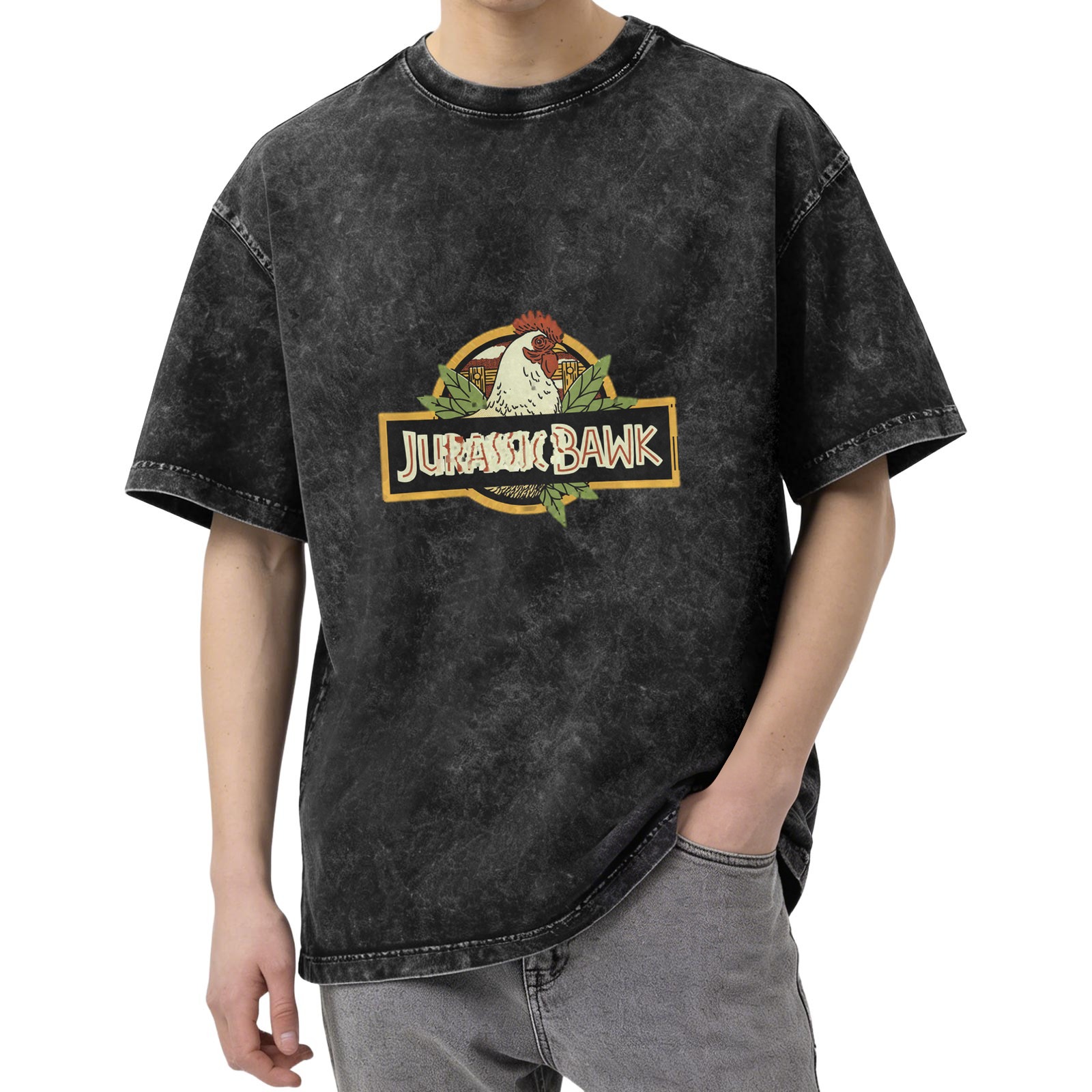 Washed Black T-Shirt with Jurassic Bawk Chicken Graphic