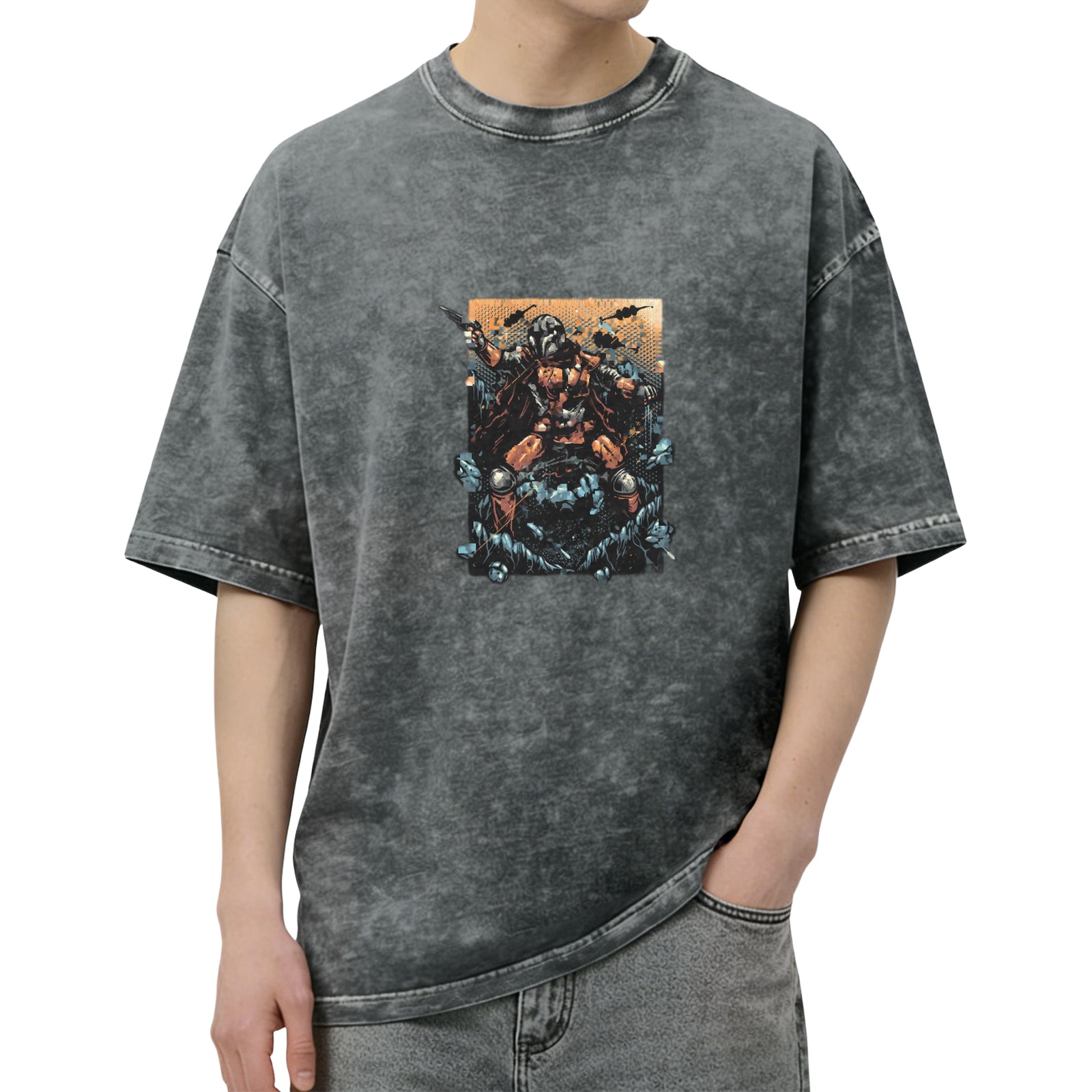 Washed Black T-Shirt With Warrior In Armor Graphic Print