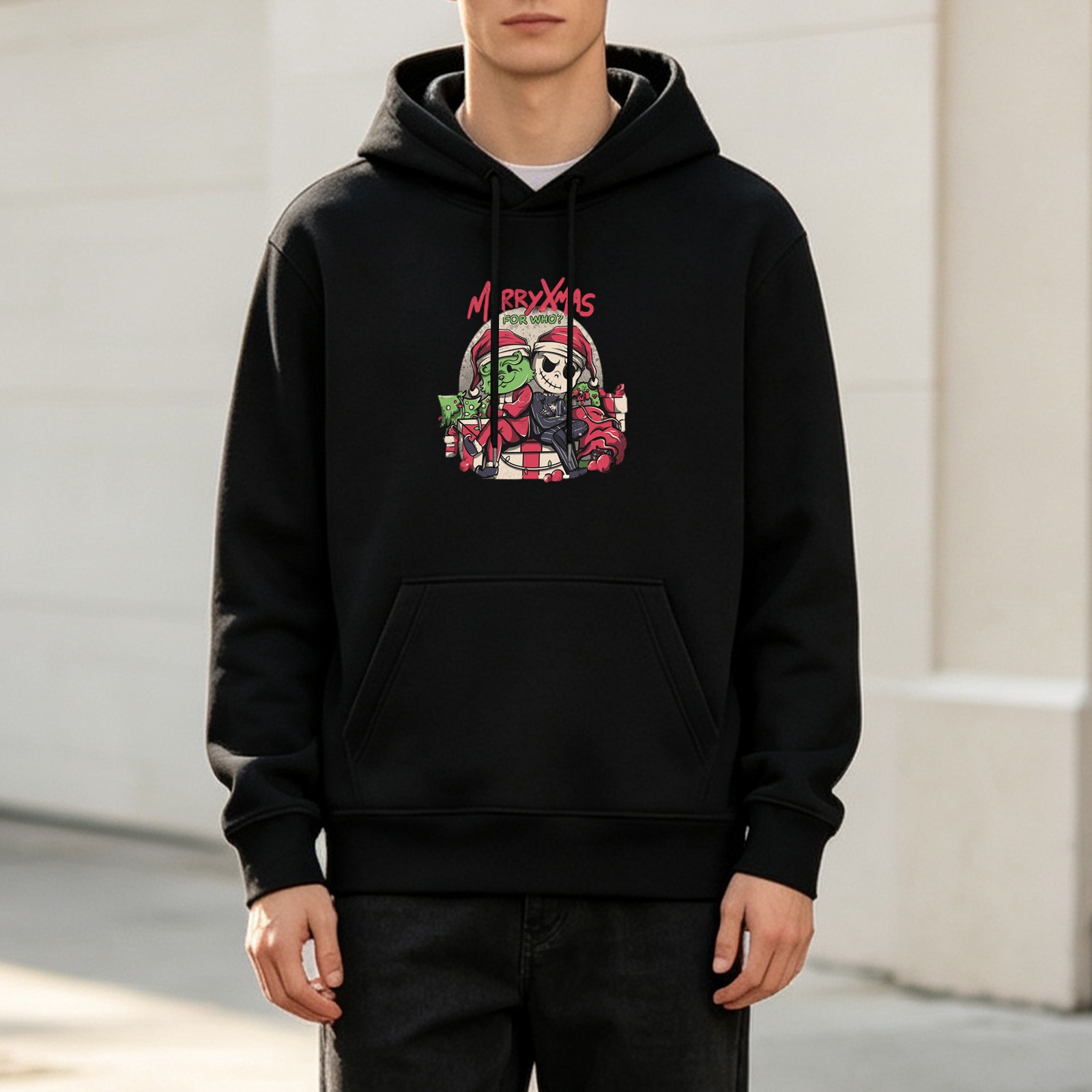 Black hoodie with Grinch and Jack Skellington Merry Xmas graphic