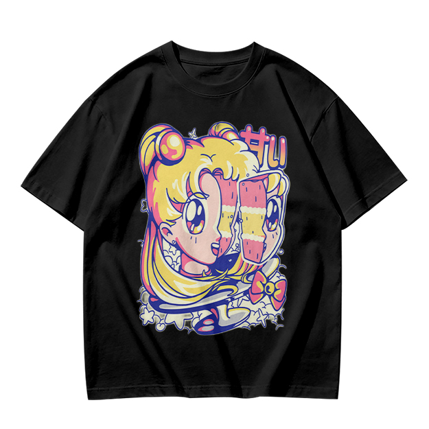Olive T-Shirt With Glitch Anime Girl Graphic Print