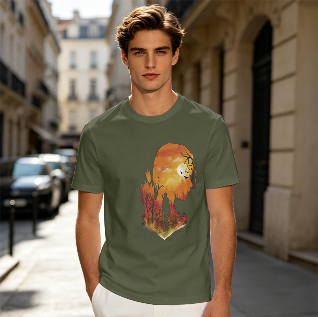 Olive T-Shirt with Sunset Lion Silhouette Graphic Print
