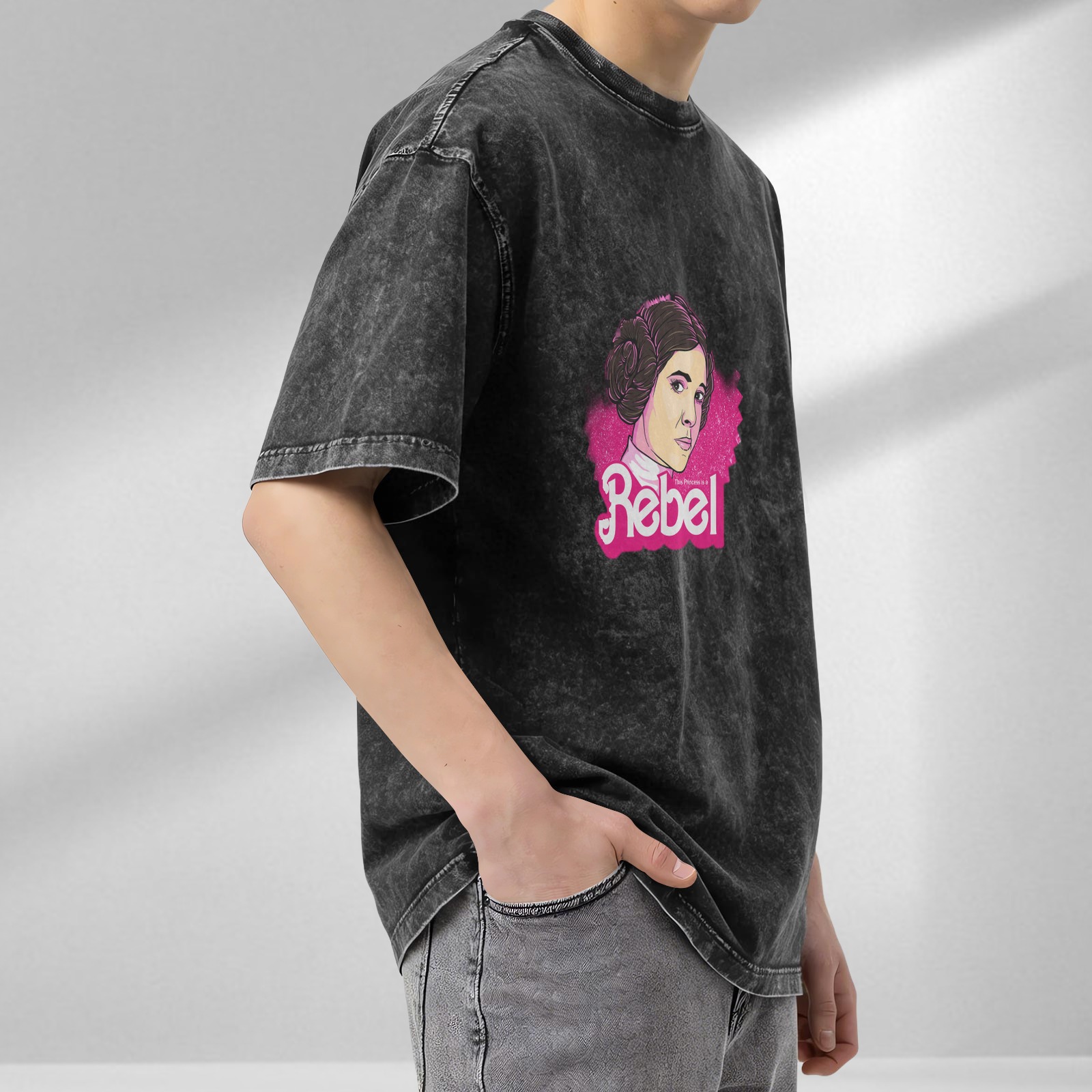 Washed Black T-Shirt with Princess Leia Rebel Graphic