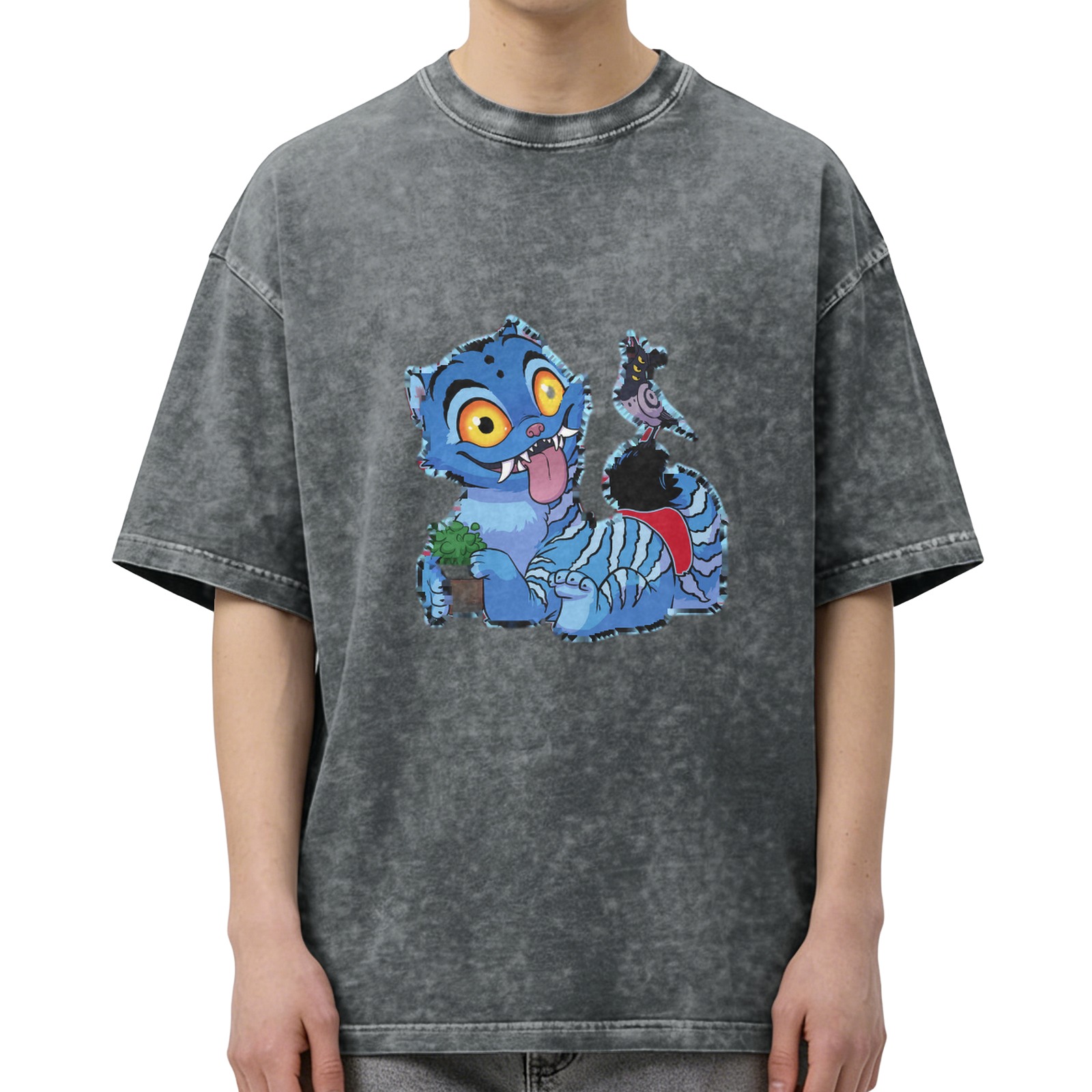 Washed black graphic t-shirt with playful blue fantasy cat print