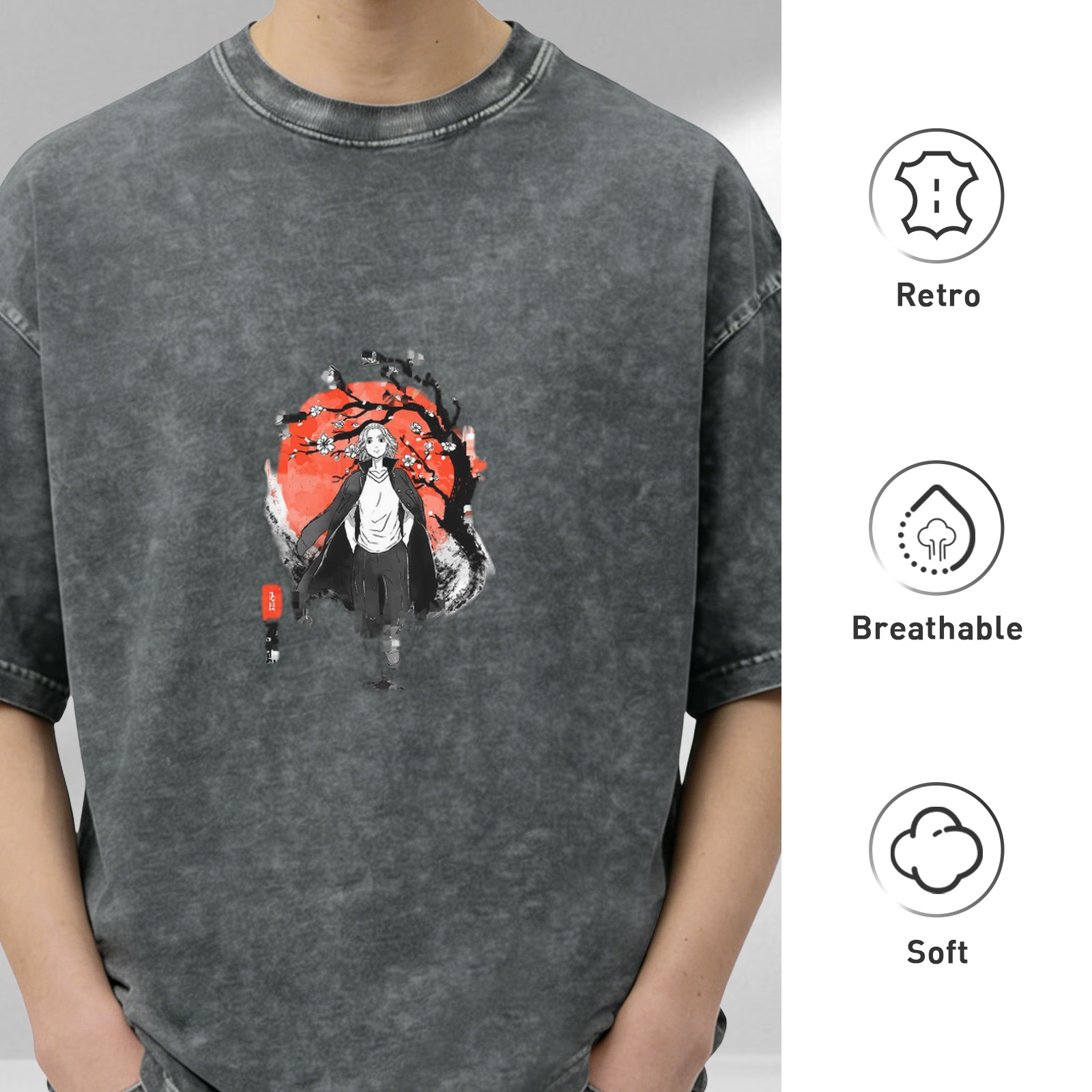 Distressed washed black round neck short-sleeved T-shirt Anime character cherry blossom and red moon printed loose top