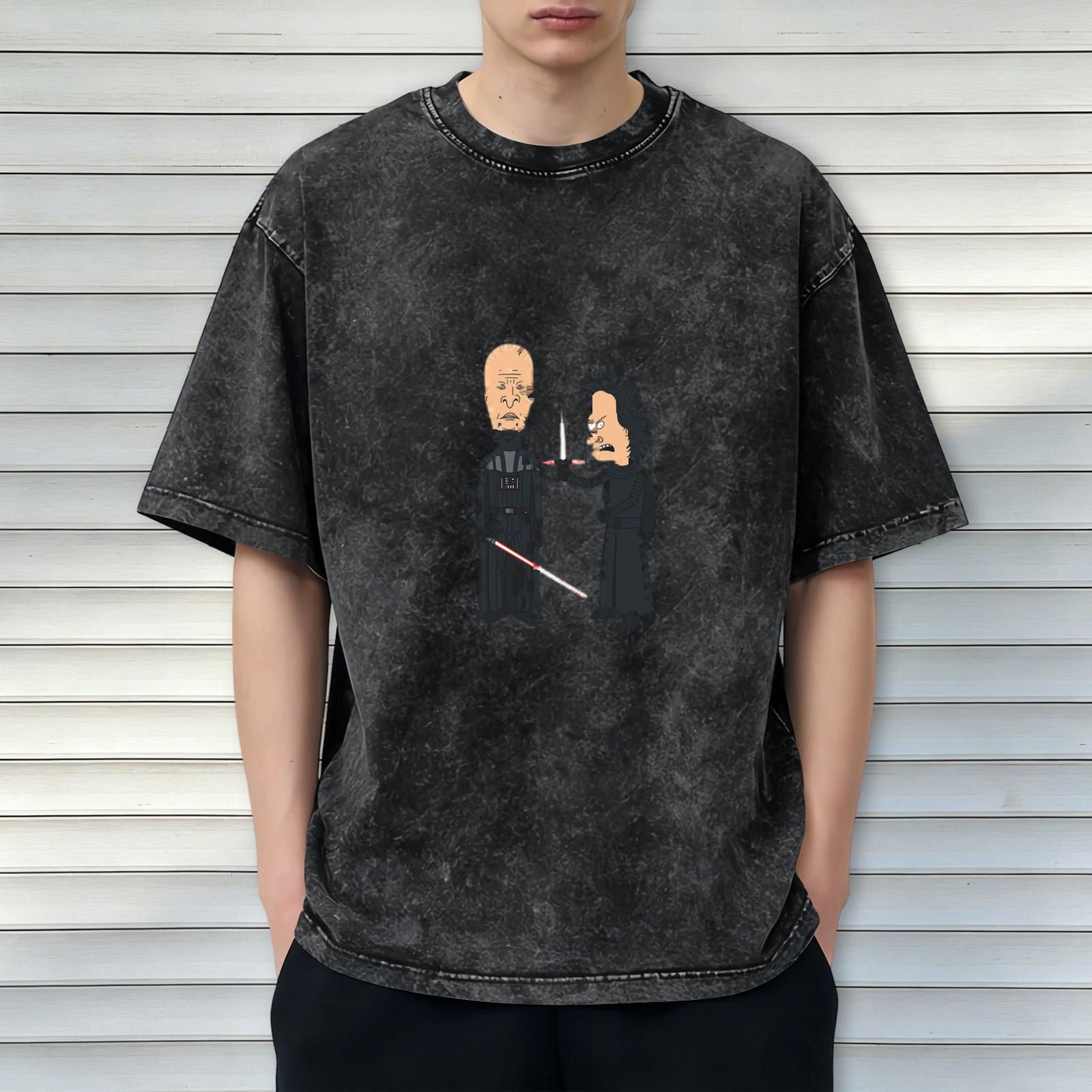 Washed black t-shirt with Beavis and Butt-Head Star Wars Darth Vader vs Kylo Ren graphic