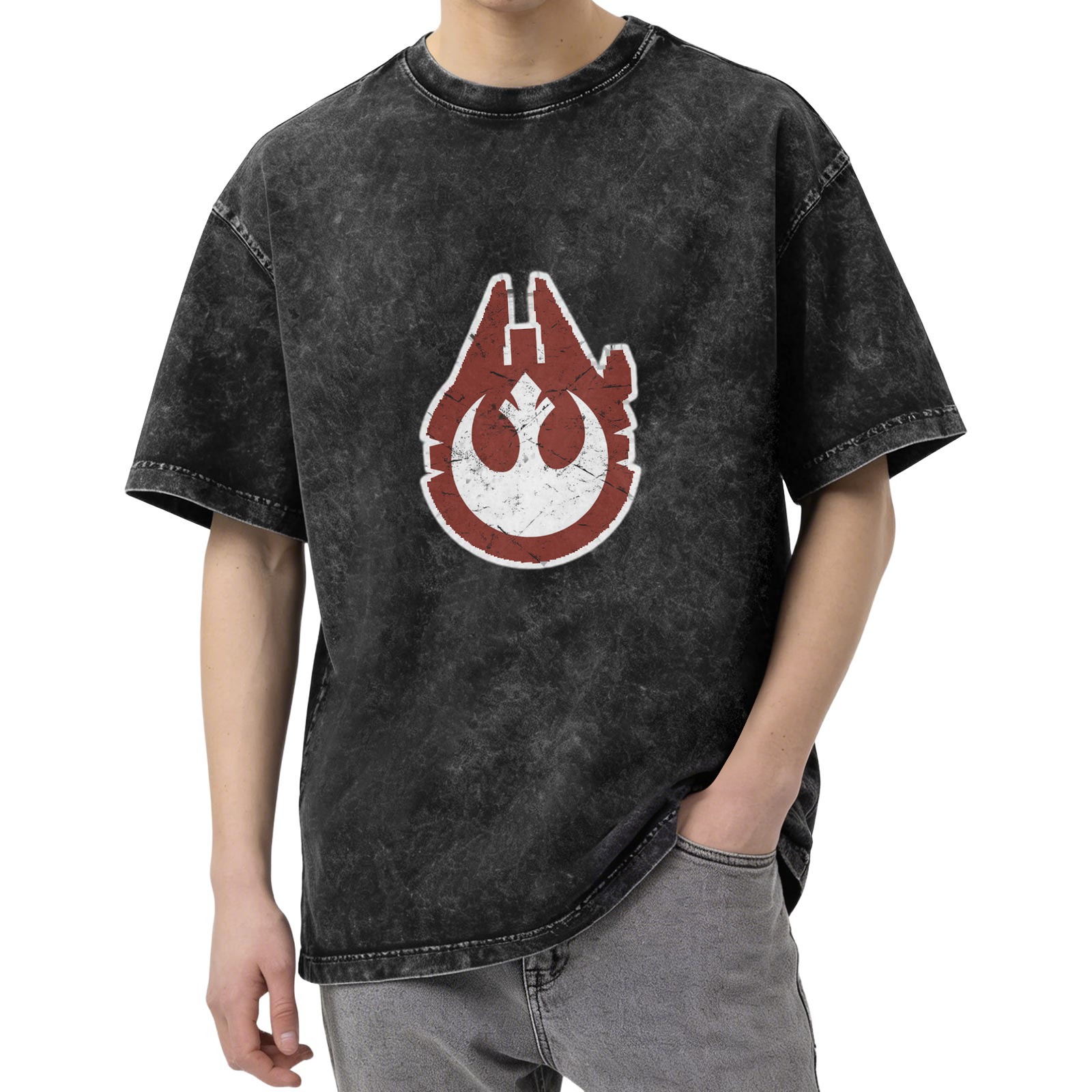 Star Wars Rebel Millennium Falcon Distressed Black Acid Wash T-Shirt