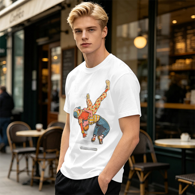 Olive T-Shirt With Clown Wrestling Graphic Print