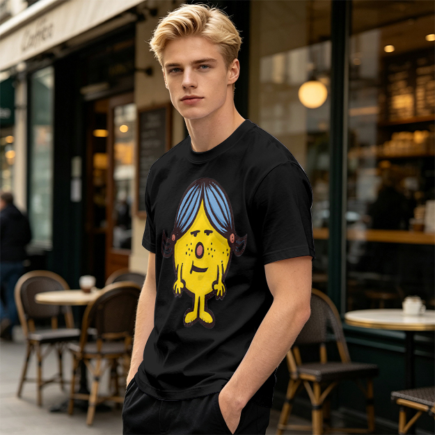 Olive Green T-Shirt With Grumpy Yellow Cartoon Girl Print