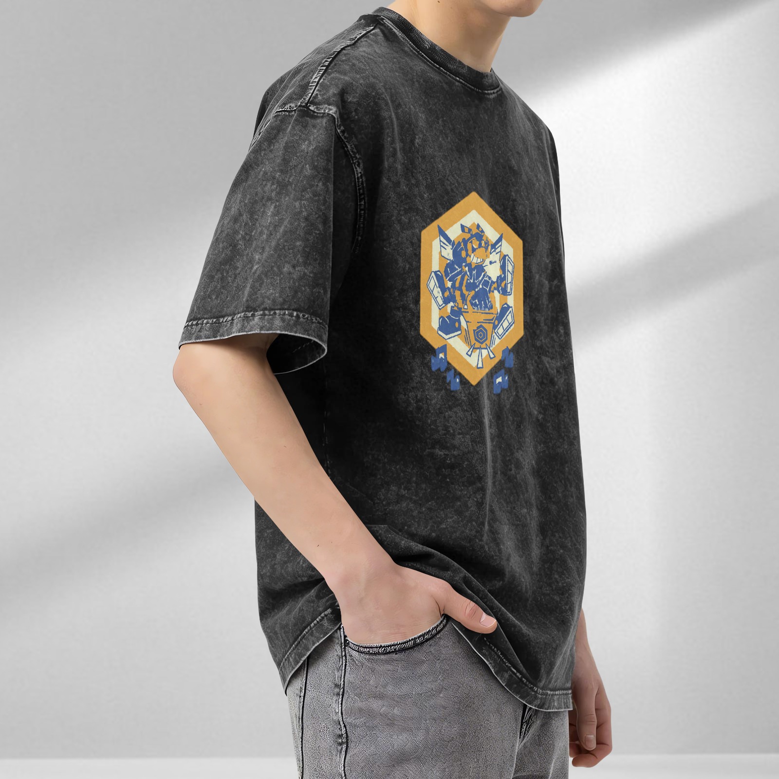 Oversized Acid Wash T-Shirt With Hexagon Robot Graphic Print