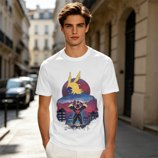 Olive t-shirt with All Might anime character graphic print