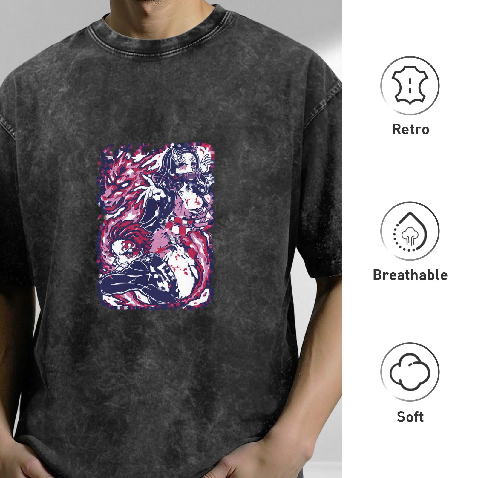 Demon Slayer themed distressed washed black loose short-sleeved T-shirt