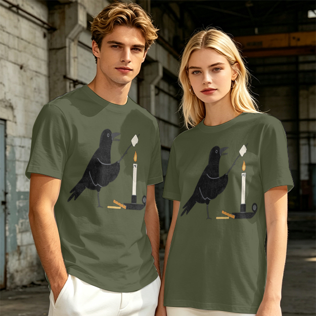 Olive T-Shirt With Crow Roasting Marshmallow Over Candle Print