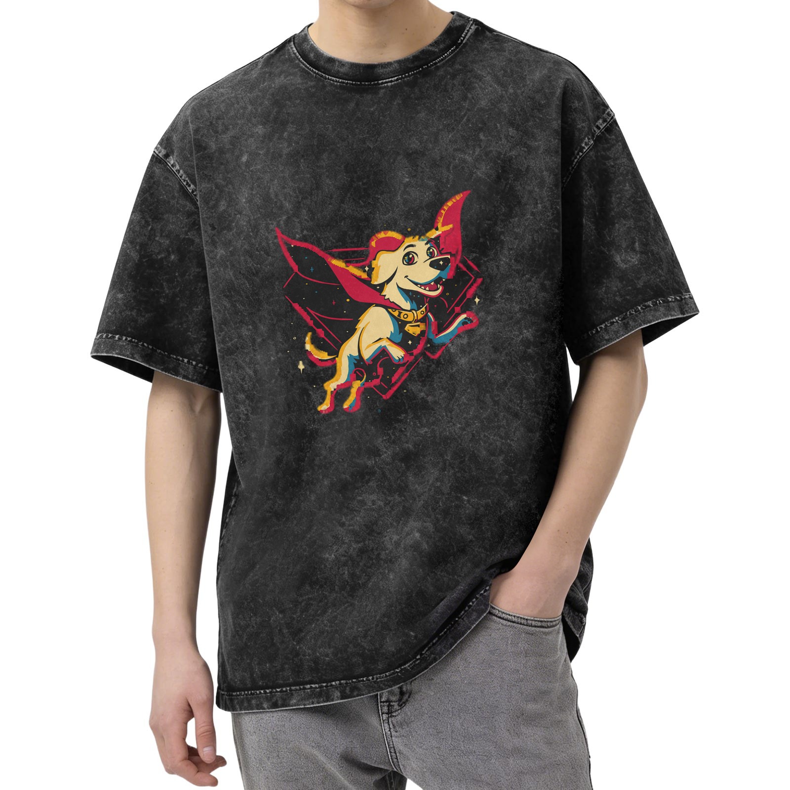Oversized Dark Wash T-Shirt With Superhero Dog Graphic
