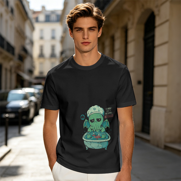 Olive T-shirt with Cute Sad Cthulhu Bathing Graphic