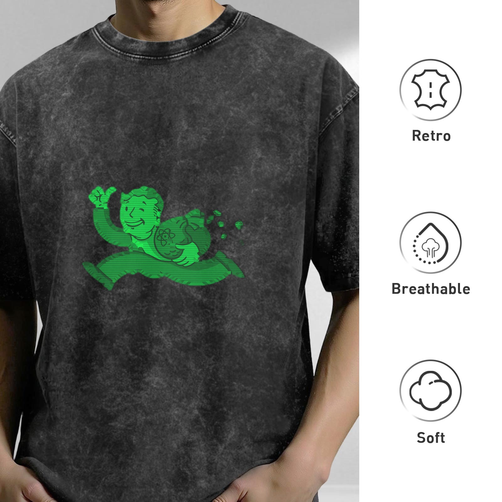 Oversized acid wash t-shirt with green Vault Boy running graphic