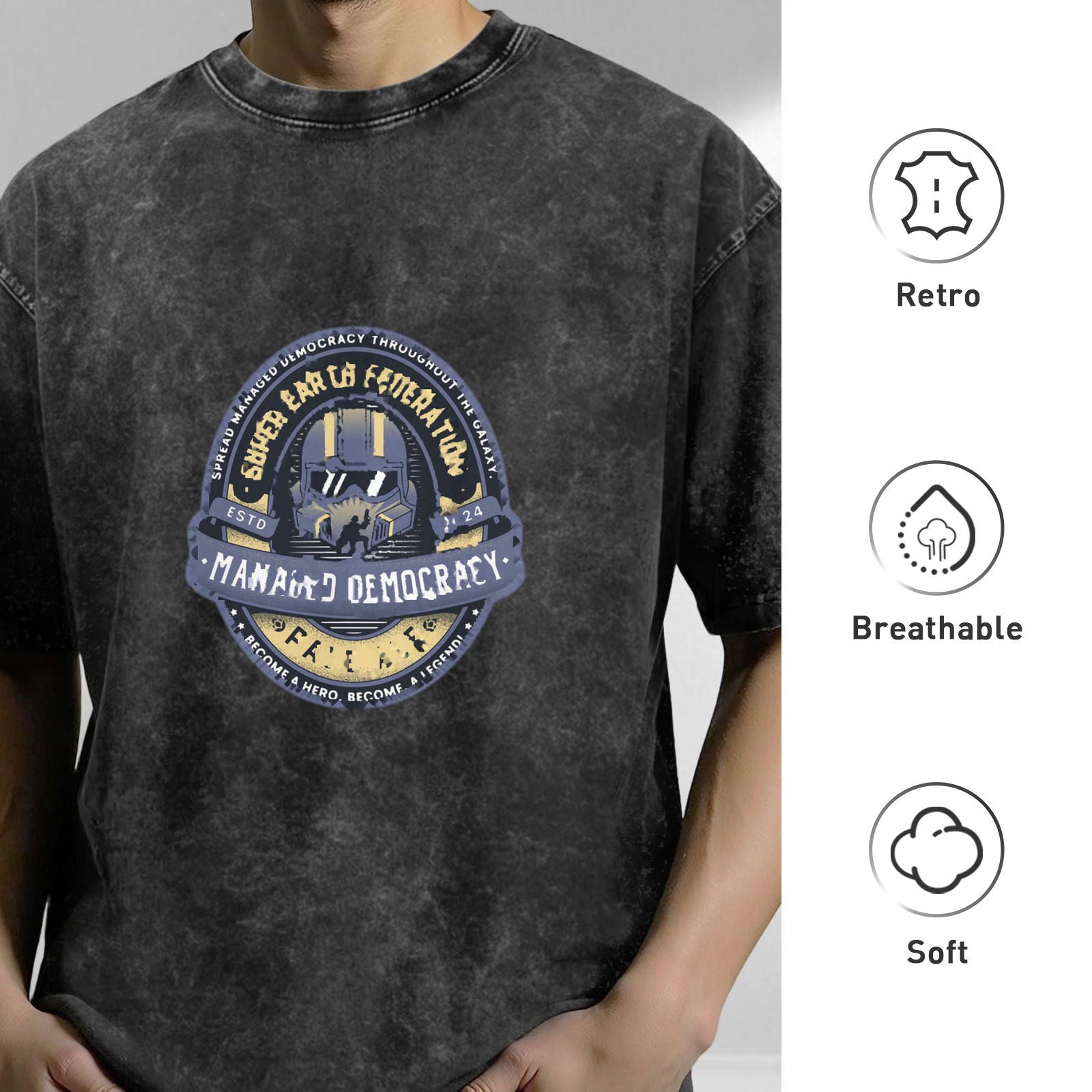 Oversized Washed Black T-Shirt With Helldivers Managed Democracy Emblem