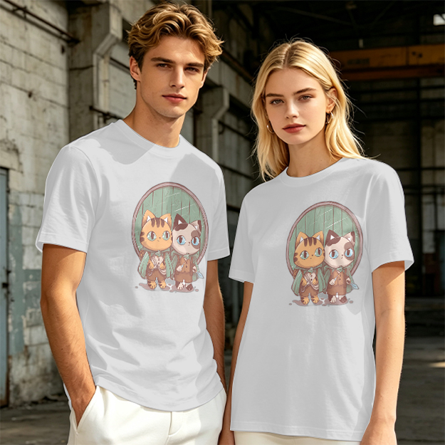 Olive Green T-Shirt With Cute Cat Fantasy Character Print