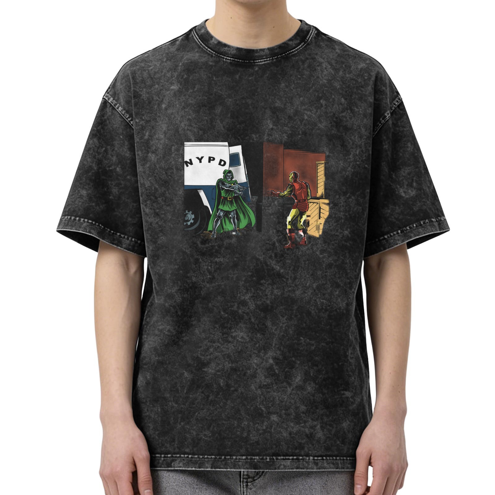 Oversized Acid Wash Graphic T-shirt with Comic Superhero Print