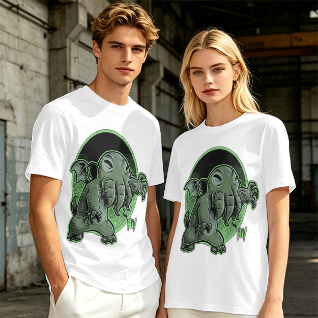 Olive T-Shirt Featuring Cute Cartoon Cthulhu Saying Hi