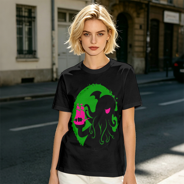 Olive T-Shirt With Cthulhu Holding Pink Ship Graphic Print