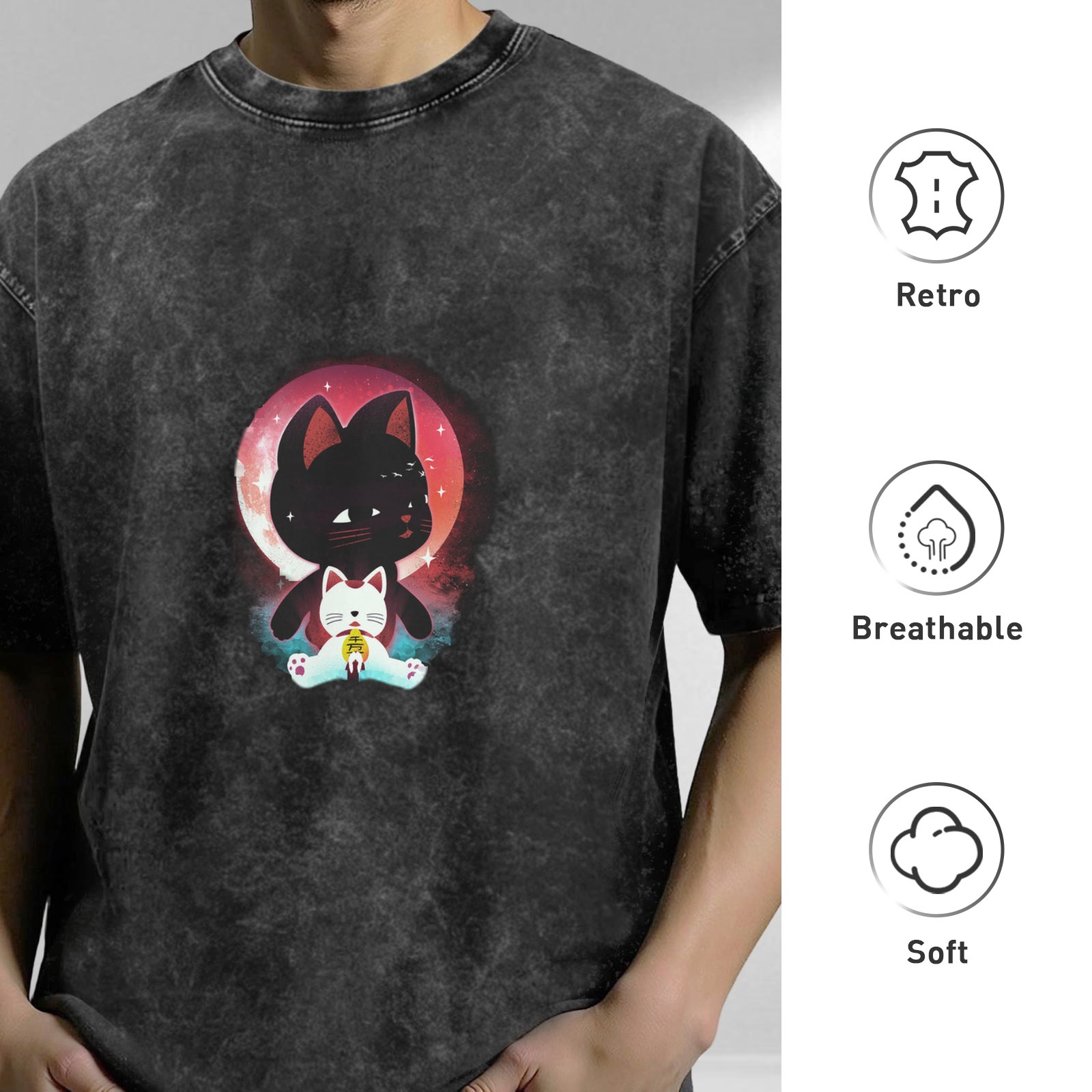 Distressed washed black loose short-sleeved T-shirt with cartoon black cat and lucky cat print design
